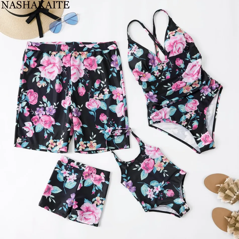 

NASHAKAITE Family matching swimwear 2019 Summer Floral One-piece Swimsuit Mother Daughter Swimming Trunks For Kids Men Shorts