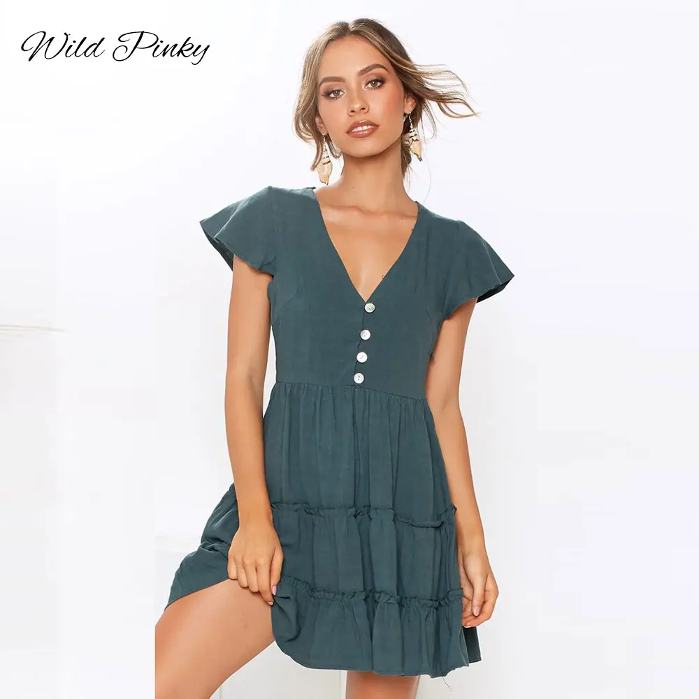 

WildPinky V-neck Short Sleeve Solid Party Dress Fashion Elegant Buttons Feminina Vestidos Casual Vintage Women Summer Dresses