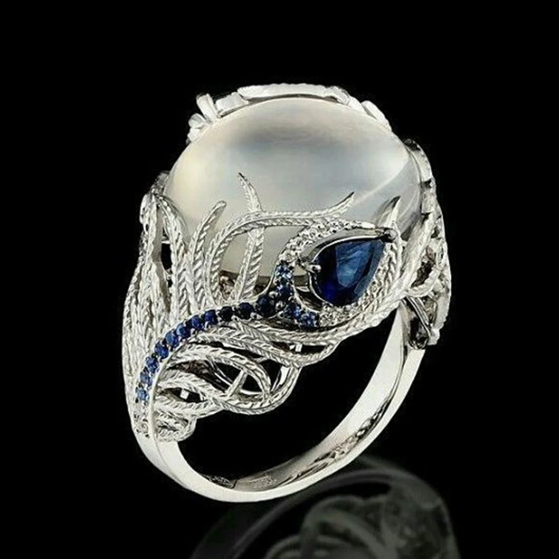 2018 Vintage Silver Hollow Natural Opal Cat Eye Rings Silver Feather Big Stone Rings for Women Fashion Jewelry
