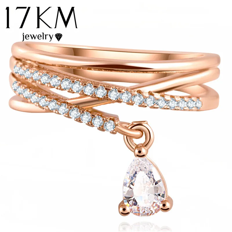 17KM Anel Feminino Multilayer Cross Wedding Crystal Water Drop Ring Anillos Mujer Fashion Jewelry Zircon Rings For Women CS12