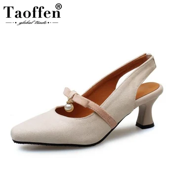 

TAOFFEN Small Plus Size 28-46 Women Pumps Sweet Bowknot Bead Mid Heel Shoes Woman Daily Casual Back Strap Women Footwear
