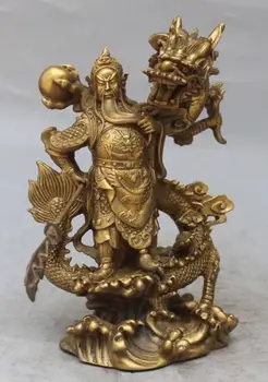 

Chinese Fengshui Brass Guan Gong Yu Warrior God Sword Stand in Dragon Statue