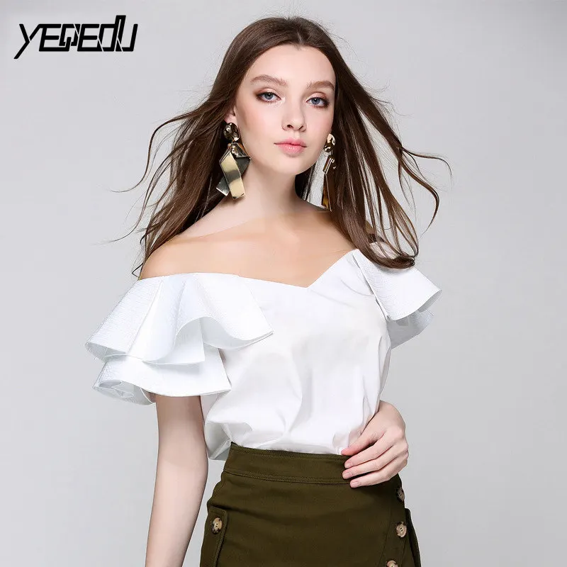 

#2719 Summer 2018 Off shoulder chiffon blouse women White/Black Short sleeve Spliced mesh Ruffles cuff Backless Blusa feminina