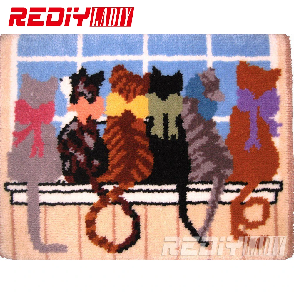 

Latch Hook Rug Kits Unfinished Crocheting Tapestry Yarn Needlework Cushion Sets for Embroidery Carpet Six Cats on the Window Mat
