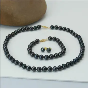 

charm Jew.655 charming 9-10mm Natural black pearl necklace bracelets earrings 14k 18"7.5 (A0516)