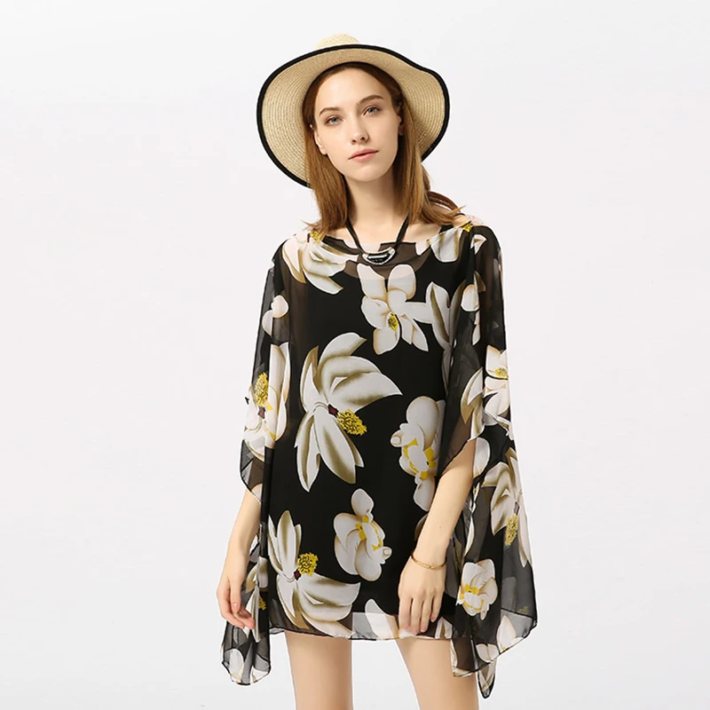 

Summer new brand womens Cover-Ups Big flower Beach Short skirt Breathable light shawl Bikini women Sunscreen clothes