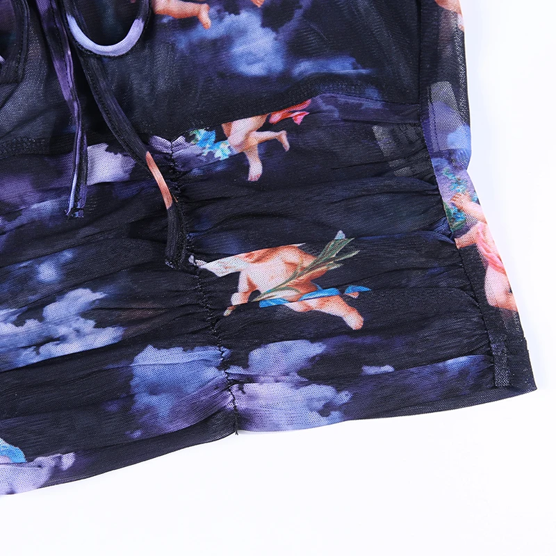 InstaHot Соблазнительная прозрачная из тюли облегающая женская футболка с коротким рукавом с ангельским рисунком Укороченный топ летняя уличная футболка-топ