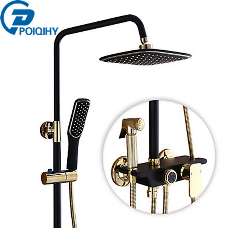 

Luxury Oil Rubbed Bronze Mixed with Gold Shower Mixer Taps with Handheld Spray and 8" Rainfall Square Shower head