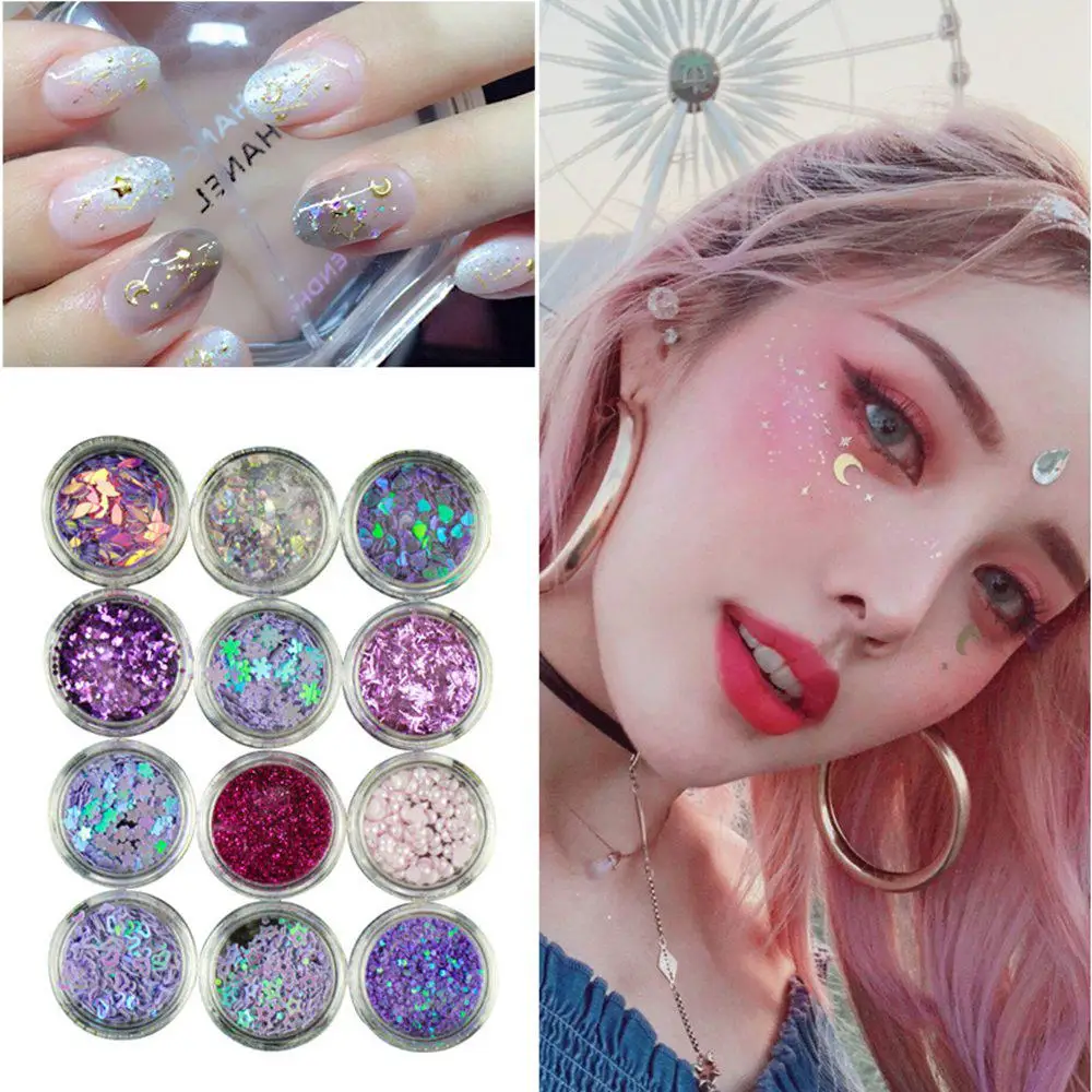 

12pcs Nail Glitter Mixed Color 3D Sequins Flakes DIY Tips Eye Face Body Highlighter Paillette Festival Makeup Decor Tools