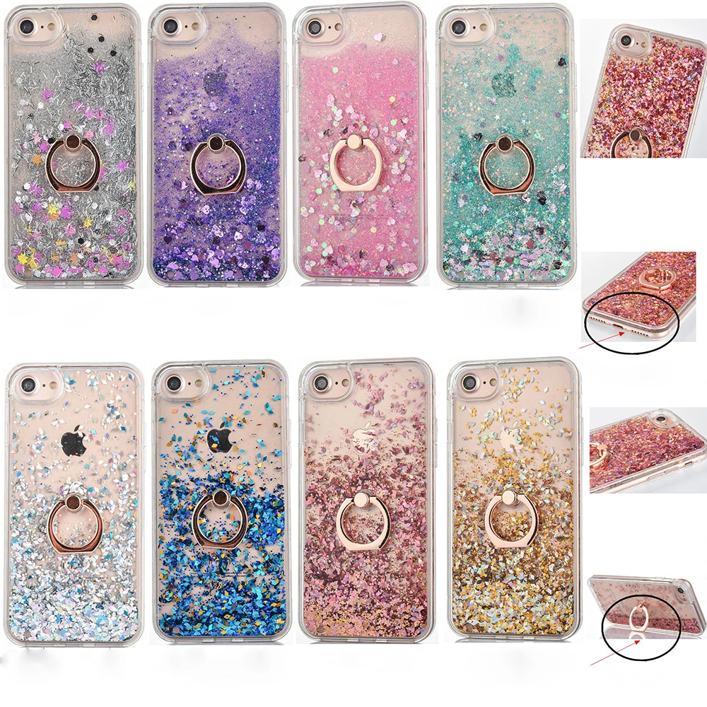 

Glitter Bling Liquid Quicksand With Finger Ring Kickstand Case for iPhone 7 8 Transparent Soft Bumper Cover For iPhone X S 6 6s