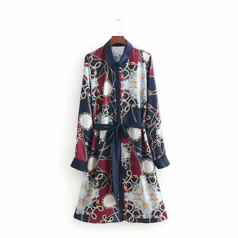 

women vintage chain print shirtdress bow sashes party dress ladies totem floral straight vestidos fashion chic dresses DS1828