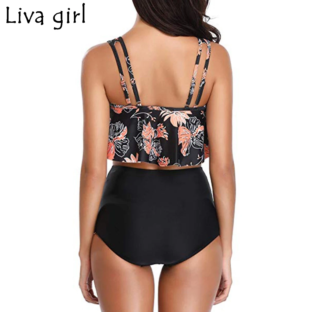 Liva girl леопардовое бикини, Женский бразильский купальник с оборками и высокой талией, сексуальный цветочный принт, контроль живота, комплект бикини размера плюс