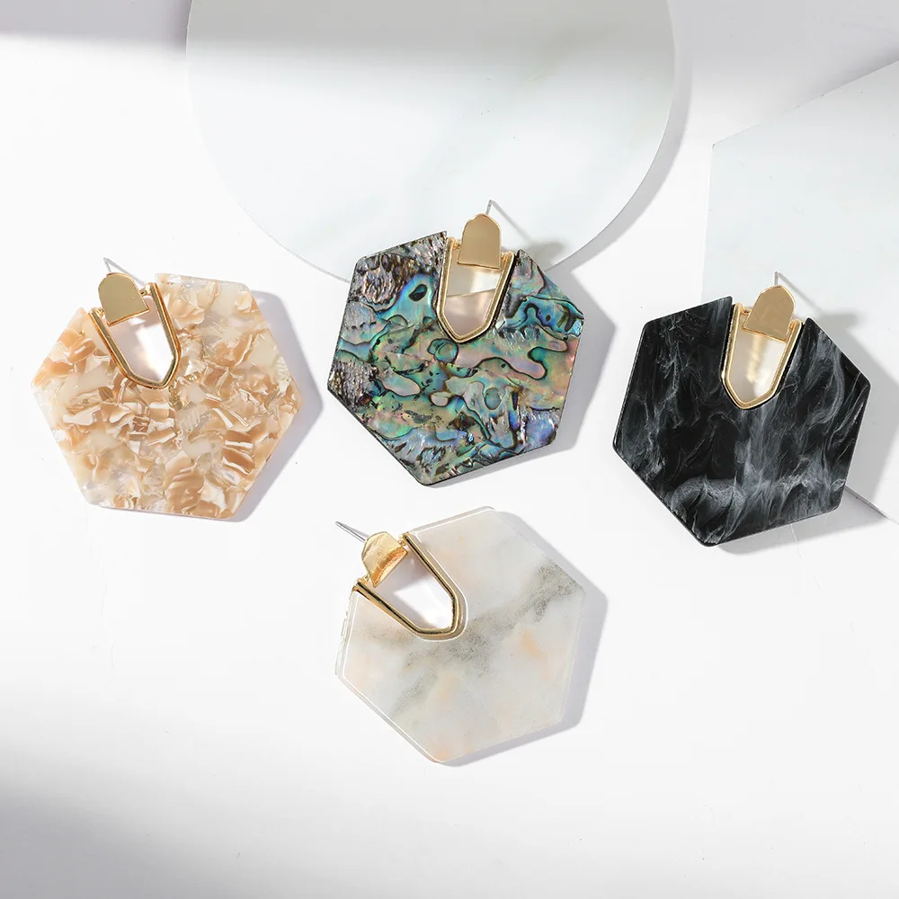

New Big Drop Earrings Geometric Acrylic Metal Earrings Female Polygon Marble Earrings Fashion Retro Wind Alloy Eardrop Wholesale