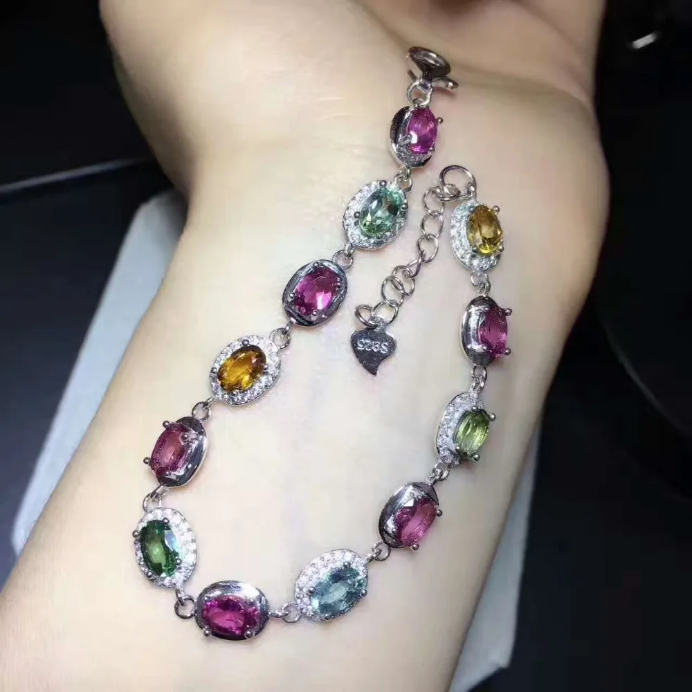 Bracelet en tourmaline naturelle multicolore Bracelet en pierres précieuses naturelles 925 bracelet