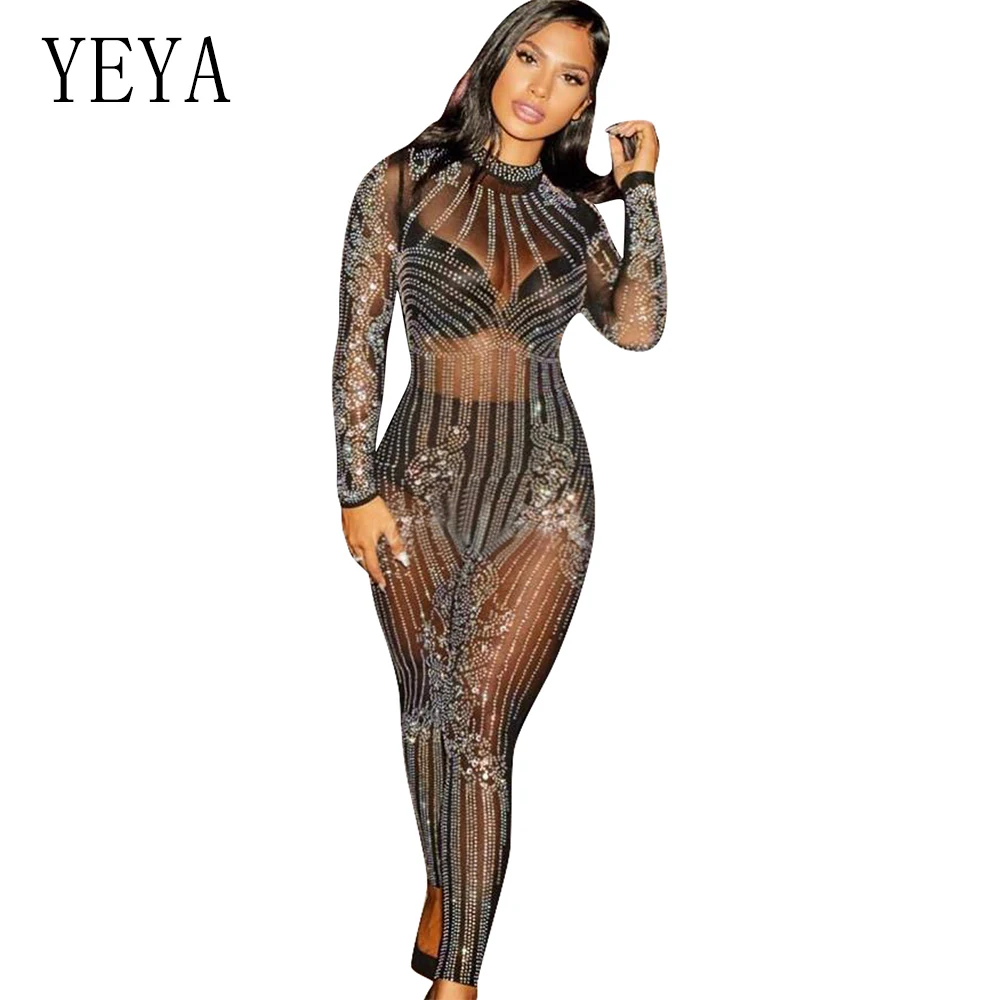 

YEYA 2019 New Glitter Women Sexy Mesh See Through Rhinestone Skinny Jumpsuit Sequins Bodysuit Vintage Christmas Party Jumpsuits