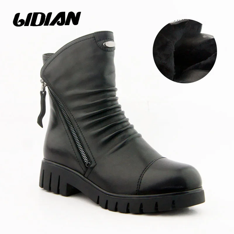 

LIDIAN Keep Warm Winter Women's Boots Genuine Leather Ankle Boots Round toe Wool inside Casual Woman Shoes B3-1