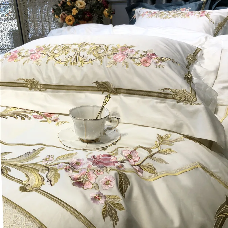 Flash Deal Champagne Blue White Luxury Royal Embroidery 100S Egyptian Cotton Palace Bedding Set Duvet Cover Bed sheet/Linen Pillowcases 70