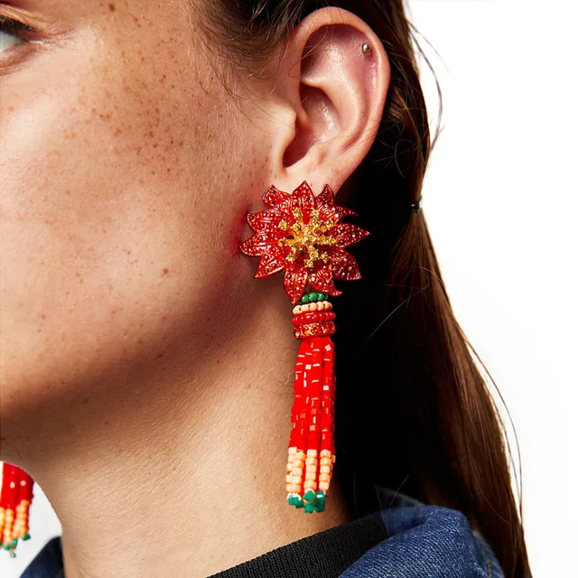 Myelo Bohemian Floral Resin Beads Tassels Earrings Big Flower Drop