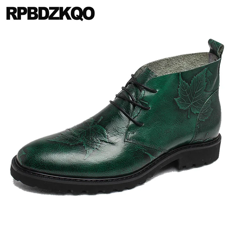 

Oxford Green Pattern Boots Dress Men's Shoes Booties Full Grain Leather 2018 Lace Up High Top Formal Party Wedding Genuine
