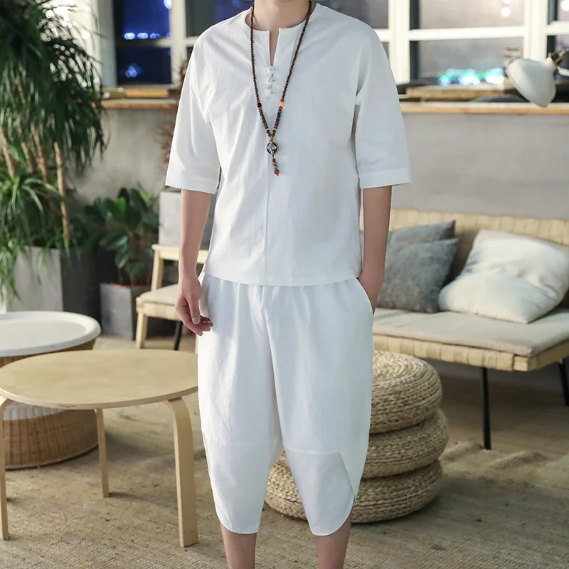 

Men's suit 2019 new summer linen set men's sportswear retro Chinese style cropped sleeves clothes+ cropped trousers men's clothi