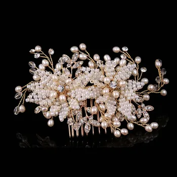 

Baroque Gold Pearl Crystal Beads Leaves Princess Noiva Hair Comb Tiaras Bridal Wedding Accessories Hair Jewelry Headpiece JL