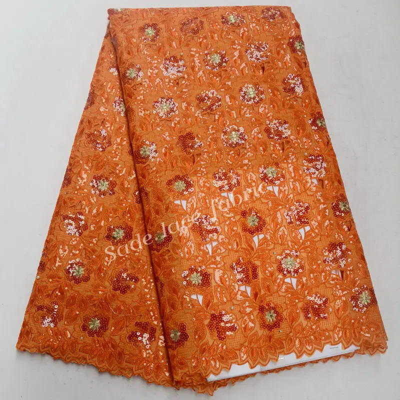 

Beaded Lace Fabrics 2018 Orange African Lace Fabric High Quality sequins French Nigerian Lace Fabric For Women Party dress IG093