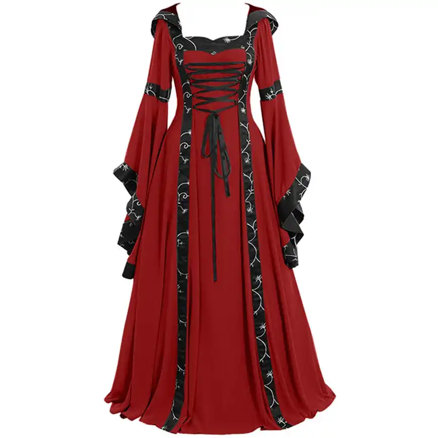 Womens Vintage Dresses Celtic Cold Shoulder Long Sleeve Medieval Maxi Dresses Renaissance Gothic Cosplay Dress