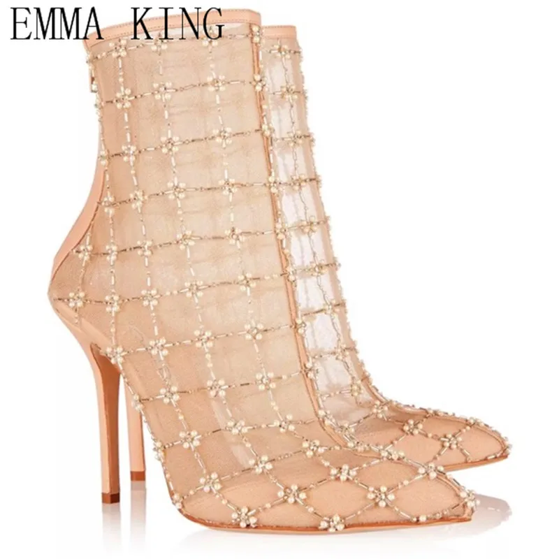 

Beige Lace Pointed Stiletto Boots Sexy Zipper Model Street Shot Bride Weeding Party Ankle Booties for Women