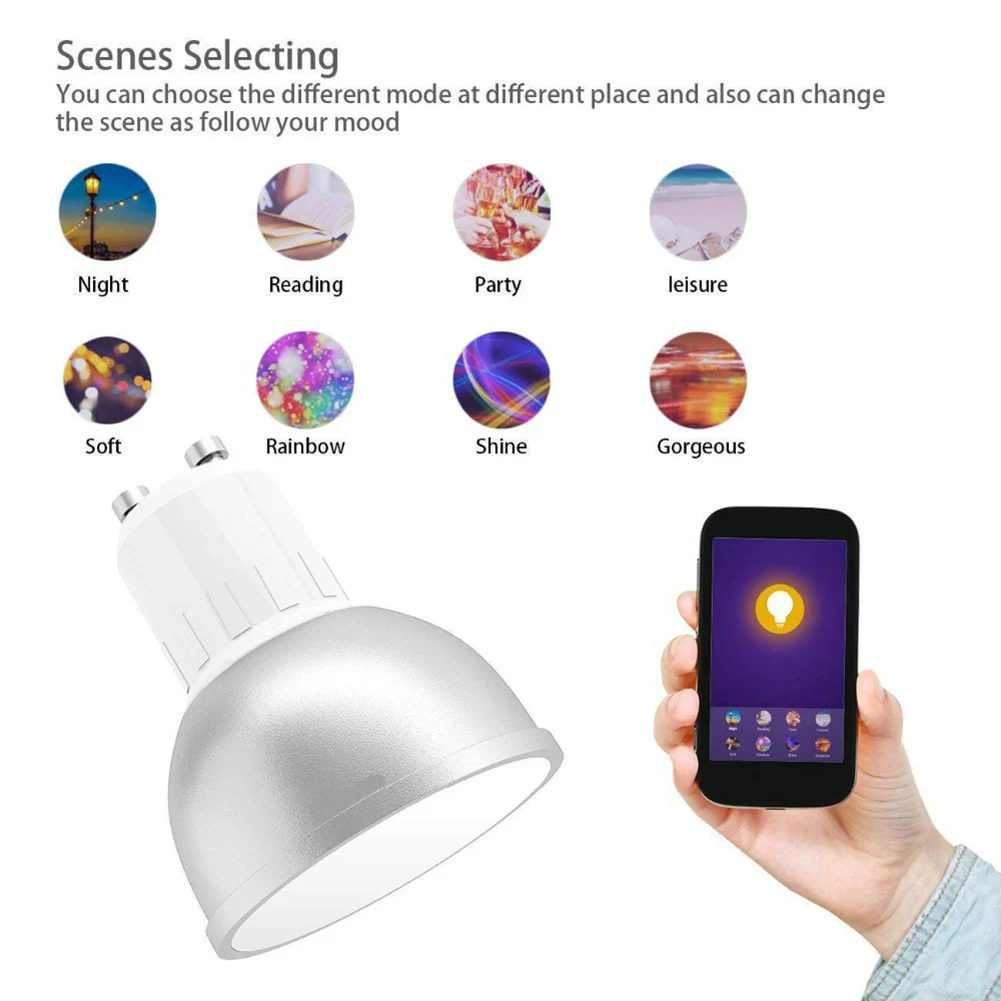 Умная лампа для дома, совместимый для Alexa и Google, 5 W Dimmable, Wi-Fi GU10 RGBW, Управление на смартфон планшет, цвет светло