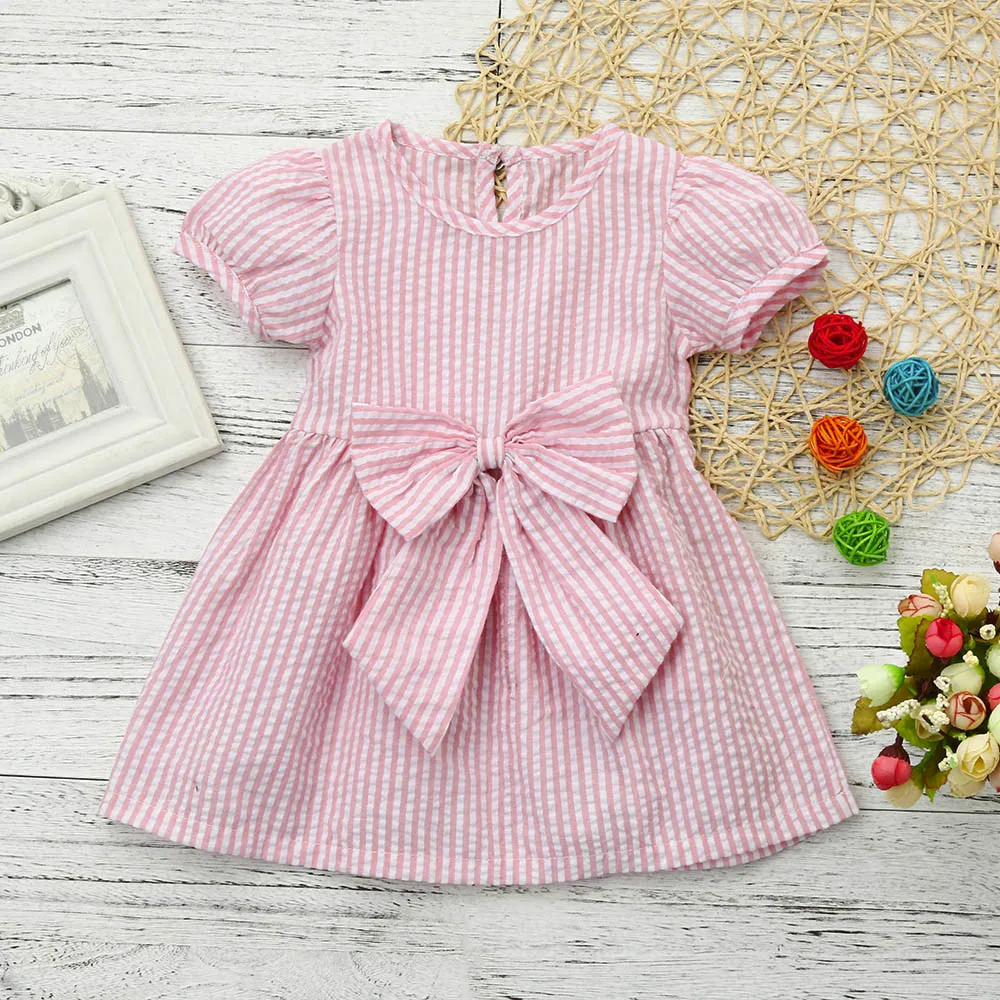 

Sweet Baby girl dress Infant Toddler Kids Clothes Summer O-neck Stripe Bow Short Sleeves Princess Outfits Dress for girl A1