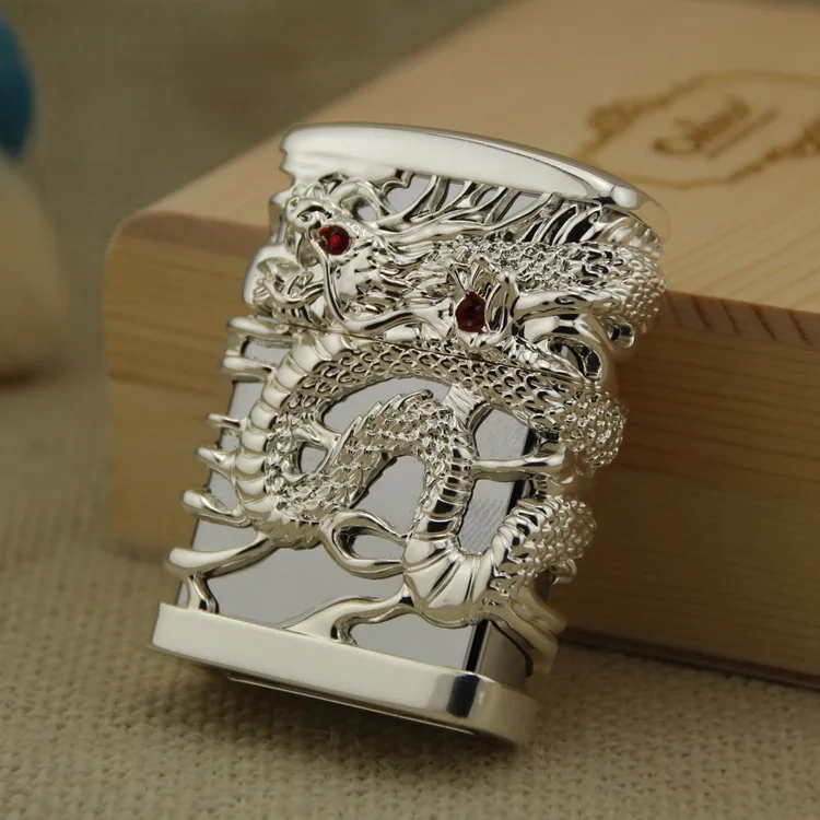 Серебряная газовая зажигалка chich Dragon carving для сигарет керосина кремень бензина