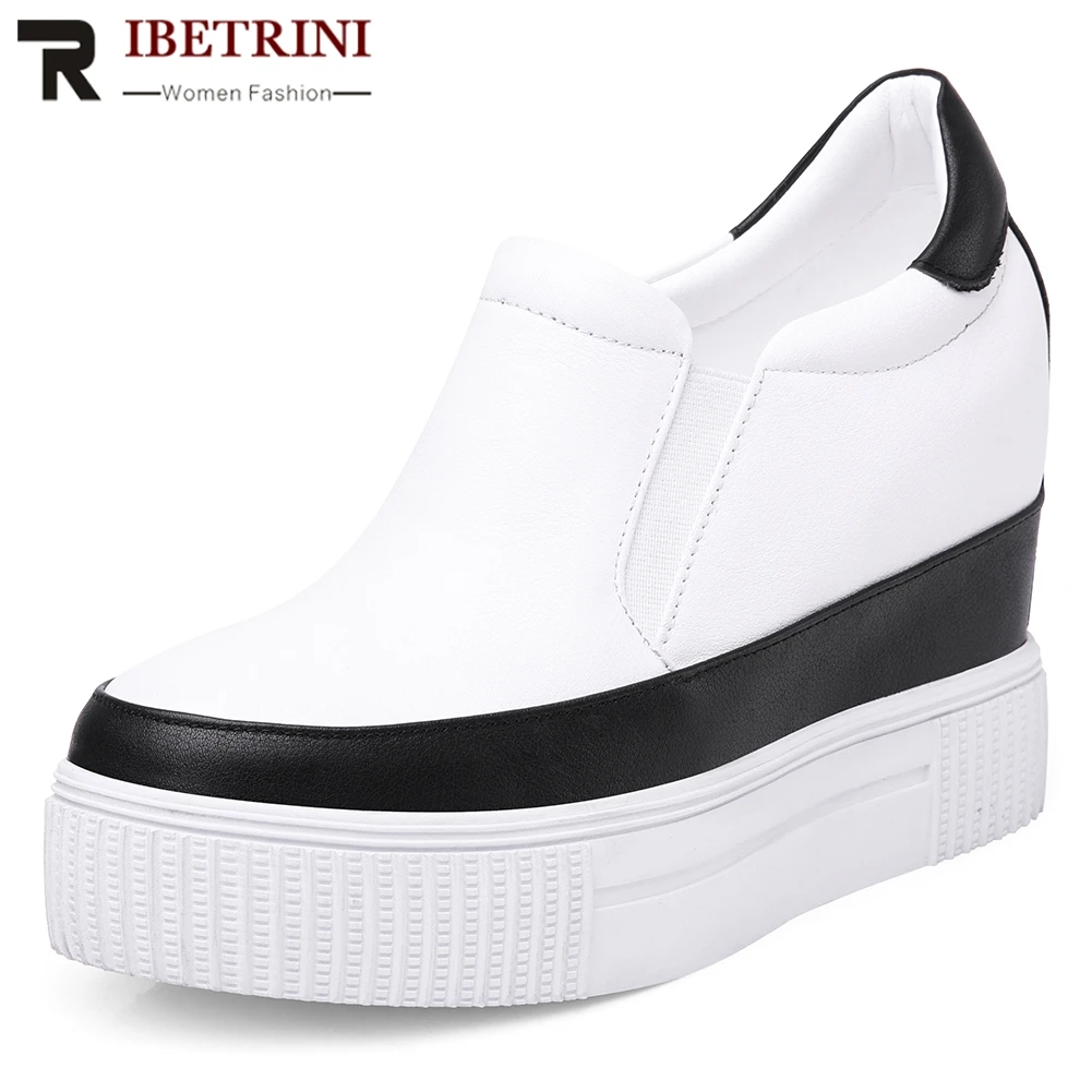 

RIBETRINI 2019 New Hot Sale Slip On Platform Shoes Genuine Leather Shoes Woman Spring Woman Casual Wedges Shoes Women Size 32-40