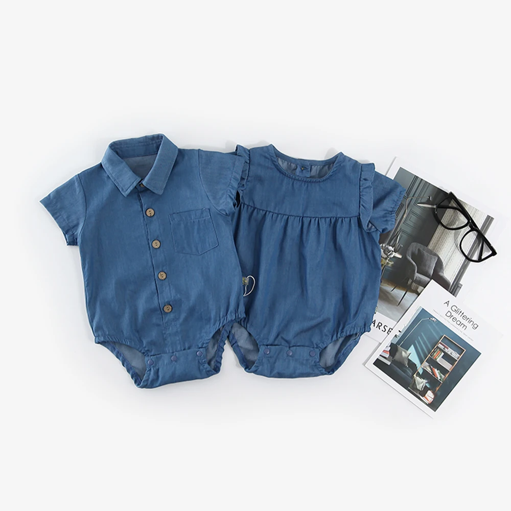Baby Bodysuit Short Sleeve Cotton Peter pan Collar Single Button Denim