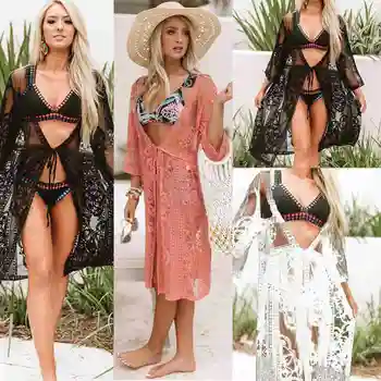 

Women's Sexy Beach Bikini Cover Up Swimsuit Swimwear Summer Hot Female Lace Long High Waist Beach Shirt Dress Bathing Suit A