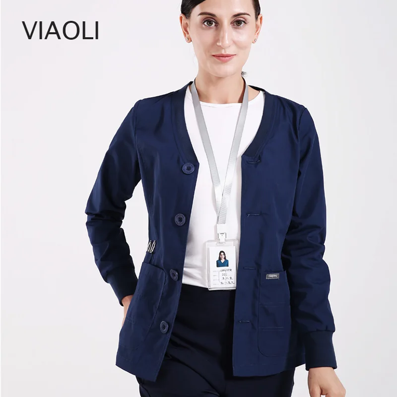 

New Women Men Medical Jacket Uniform Warm-Up Jackets Coat Scrub Sets Nursing Uniforms Snap Front Knit Cuffs Surgeon Work Outfit