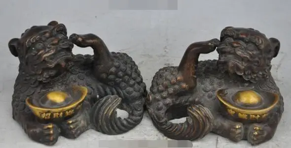 

S2451 chinese fengshui bronze animal pixiu beast foo dog wealth yuanbao statue pair