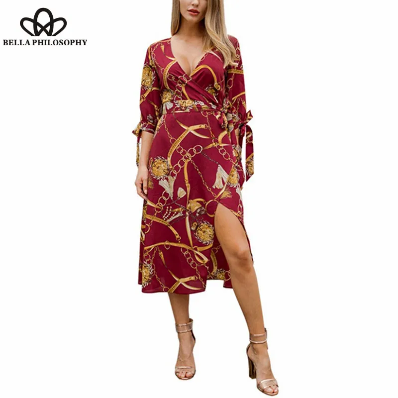 Wonder Casual Boho Dress Tie Half Sleeve V-Neck Chain Print Wrap Surplice Slit Split Dress Vintage Maxi Sexy Beach Dress 2019