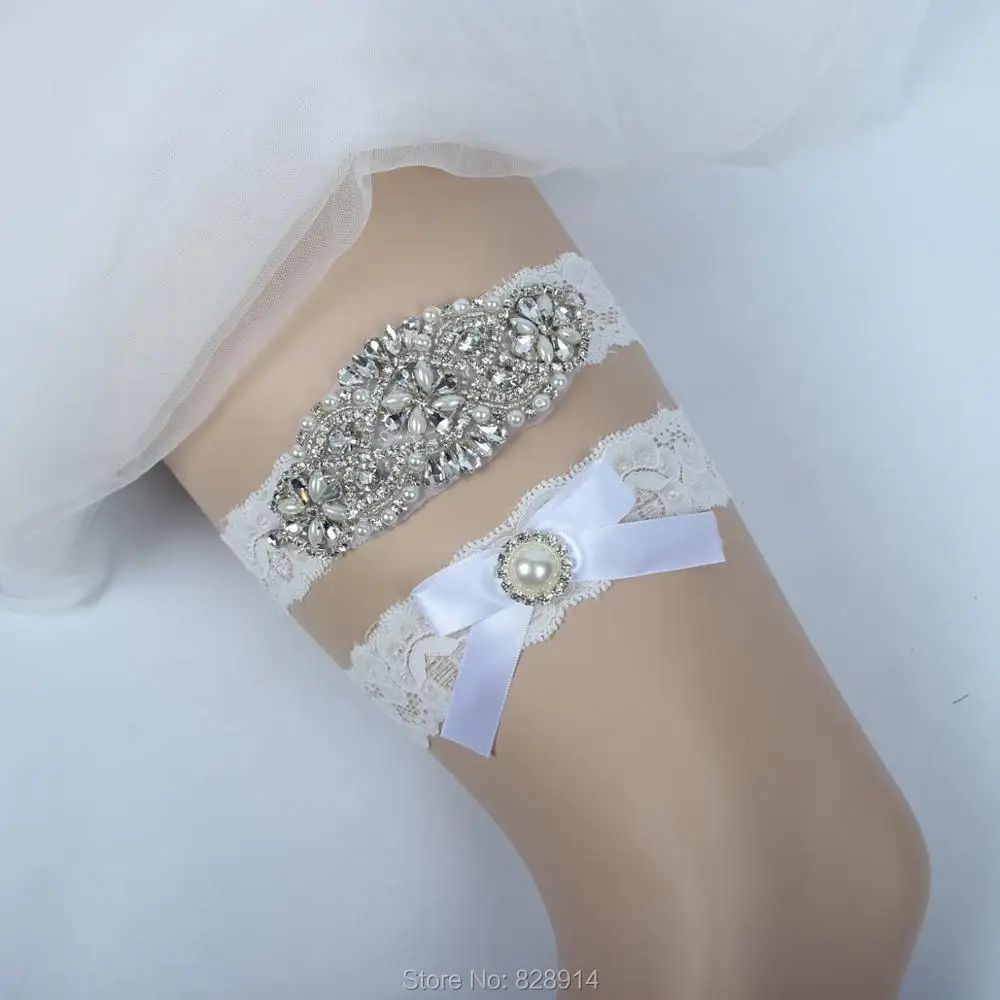 Factory Wholesale Sexy Stretched Lace Crystal Applique Wedding Garter Belt Set Bridal Leg Garter Belt With Bow Handmade