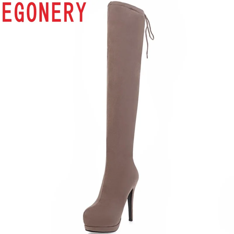 

EGONERY newest popular zapatos mujer flock super high thin heels platform zip pointed toe fashion sexy party over the knee boots