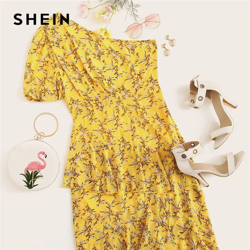 SHEIN Асимметричное Платье С Оборкой И Одним Плечом Женское Желтое Летнее Богемное Платье