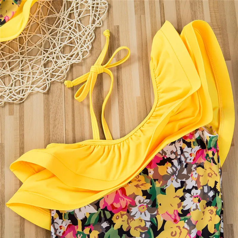 Baby Girl Swimsuit Bikini One Piece Summer Yellow Floral Printed Swimwear Jumper Jumpsuit+Hat 2Pcs Outfit Children Swimsuit