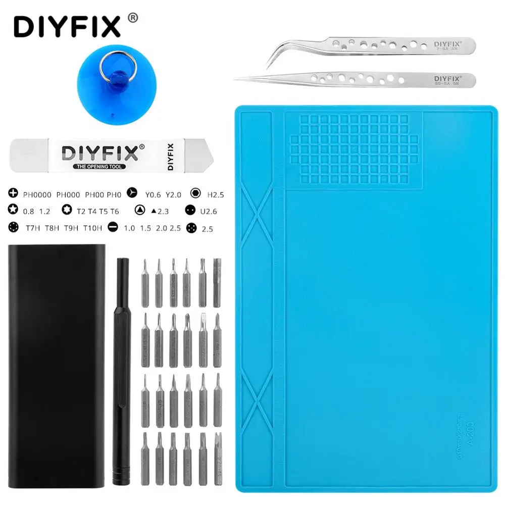

DIYFIX 30 in 1 Screwdriver Tweezers Heat Insulation Silicone Pad Open Tools Set for BGA Soldering Mobile Phone Repair Tools Kit