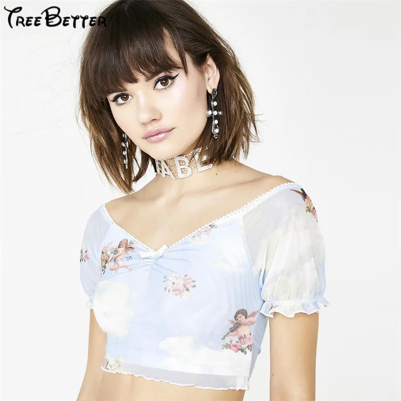 

Cupid Pattern Printed Puff Short Sleeve V Neck Crop Top Angel Short Outwear Mesh Patchwork