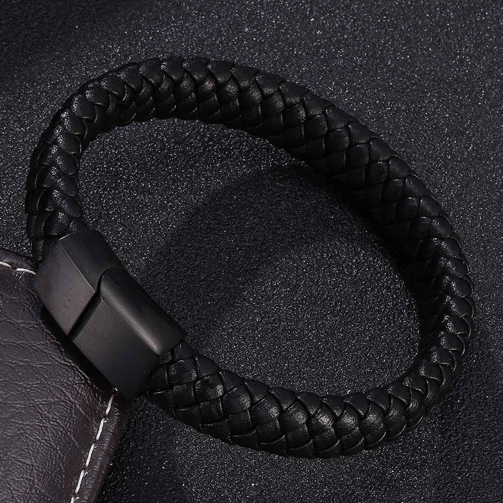 

Bracelet for Men Black Braided Leather Handmade Bracelets Stainless Steel Magnetic Clasps Men Wrist Band Fashion Male Jewelry
