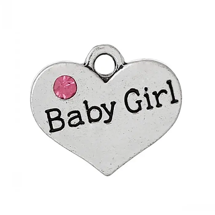 

DoreenBeads Charm Pendants Heart antique silver color Message "Baby Girl"Carved Pink Rhinestone 17.0mm x 15.0mm,20 PCs