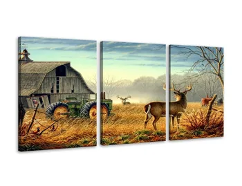 

3 Panels Canvas Wall Art Print Painting Picture Deer Country Wildlife Hunting Brown Themed Landscape Artwork for Livingroom