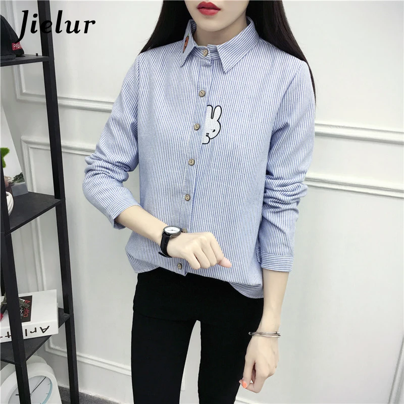 Jielur Shirt Women Korean Autumn Shirts Cute Rabbit Printed Female Long Sleeve Blouse Ladies Tops Blouses Blusas Mujer Thick