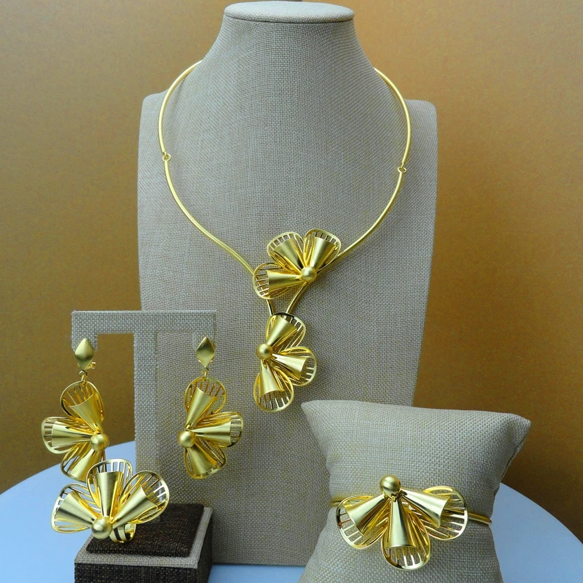 

2019 African Jewelry leaf Design 24Karat Dubai Gold Jewelry Sets FHK6165