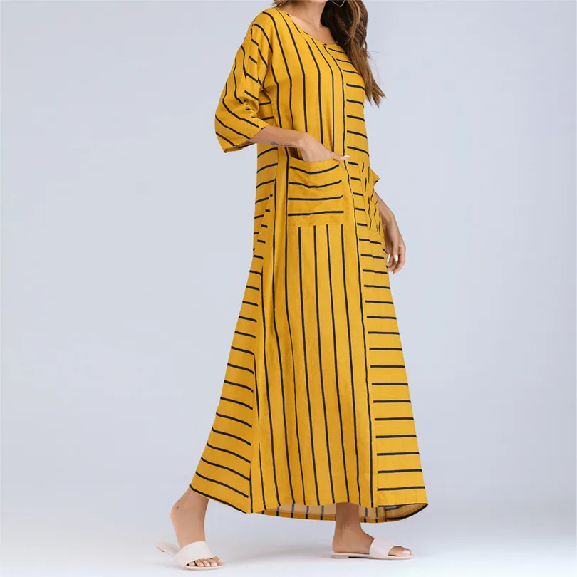   Women Summer 34 Sleeve Casual Brief Fashion Daily Striped Cotton Loose Bohe Long Beach Dress Kaftan Plus Size #4M18 (1)
