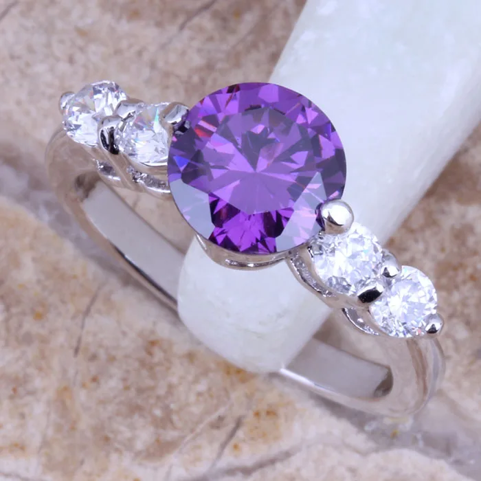 Rare Viola Cubic Zirconia Bianco Cz Placcato Argento Timbrato Fashion Ring Size 6 / 7 / 8 / 9 R0106